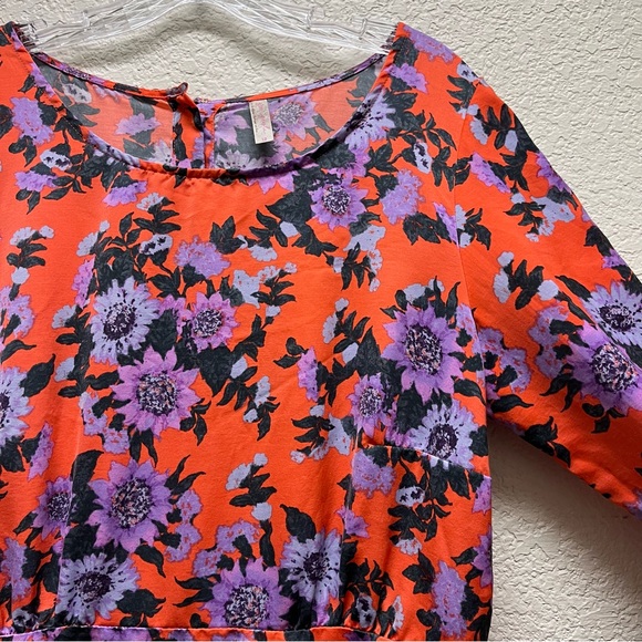 FREE PEOPLE Parker Floral Print Long Sleeve Boho Mini Dress Orange Sz 12 - Picture 6 of 13